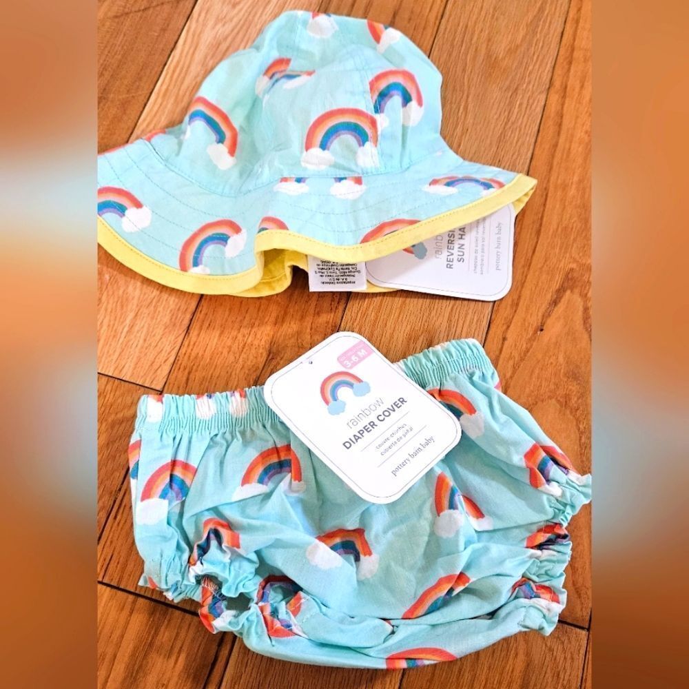 Pottery Barn Rainbow Reversible Sun Hat And Diaper Cover Size 3-6 Months